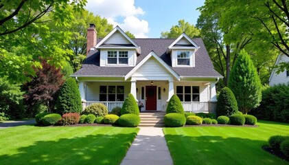 A charming craftsman style house with a well-manicured lawn and lush garden, embodying the idyllic suburban dream home , comfortable, exterior, dream home