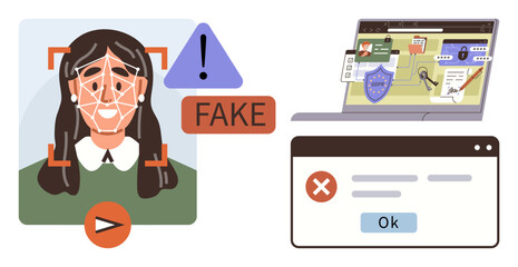 Fototapeta premium Facial scan detecting identity fraud, laptop showing cybersecurity risks, error message highlighting system failure. Ideal for security, identity theft, biometrics, technology, fraud prevention