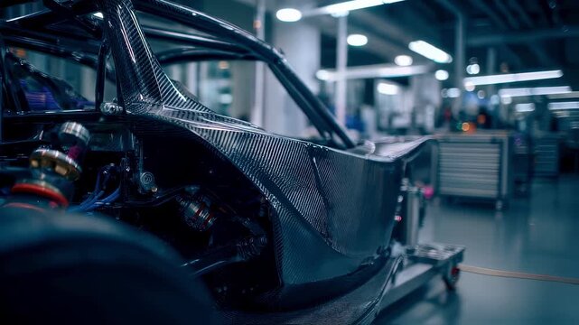 Medium view of a sleek hypercar chassis midpress curing highlighting the textured carbonfiber surface in crisp detail while the surrounding parts and operators remain out of focus.