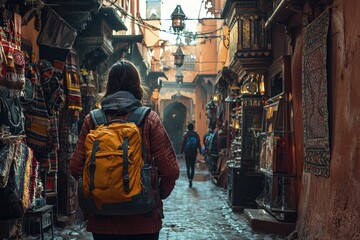 Obraz premium A solo traveler with a backpack walking through a narrow alley in Marrakech, Morocco
