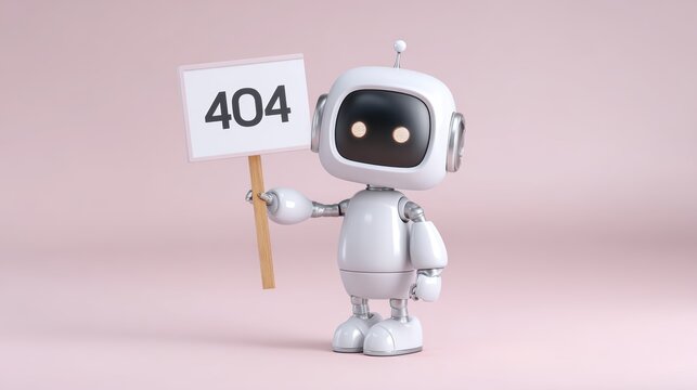Error 404 page not found and website connection cash concept, Robot holding a sign displaying "404" on a pastel background.