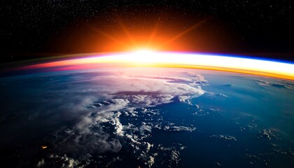 A breathtaking view of Earth from space, showcasing a vibrant sunrise horizon.