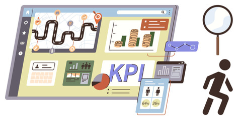 Digital dashboard featuring KPI metrics, charts, financial data, progress tracking, analytics tools, magnifying glass, and user activity. Ideal for business, analytics finance goal monitoring data