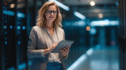 Woman with Glasses Holding Tablet in Server Room. Professional in tech job, working in a data center or tech environment.