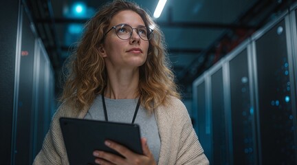 Data center specialist with tablet in a server room.  Confident female IT professional monitoring system performance and maintenance.