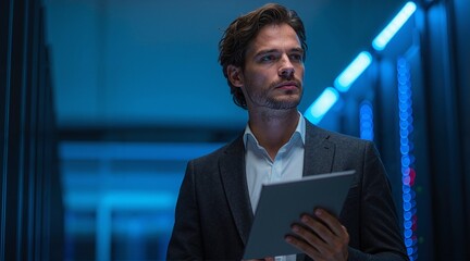 Focused professional amidst servers, holding a tablet. The cool, blue-lit corridor enhances the high-tech, confident atmosphere.