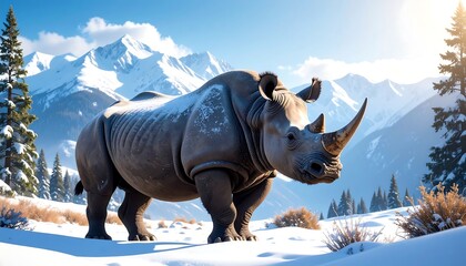 Majestic rhino in snowy mountain landscape