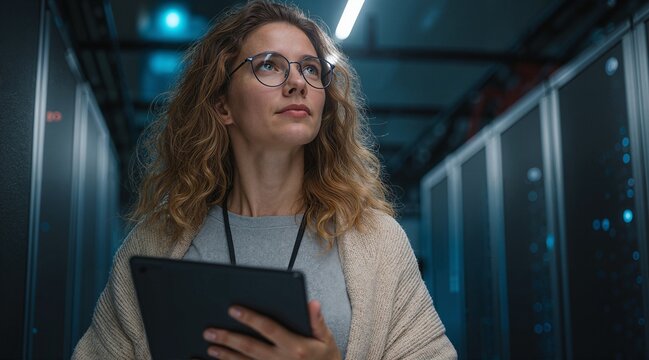 Data center specialist with tablet in a server room.  Confident female IT professional monitoring system performance and maintenance.