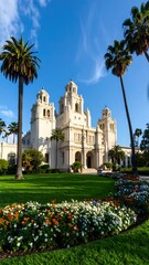 Fototapeta premium White building with palm trees and flowers