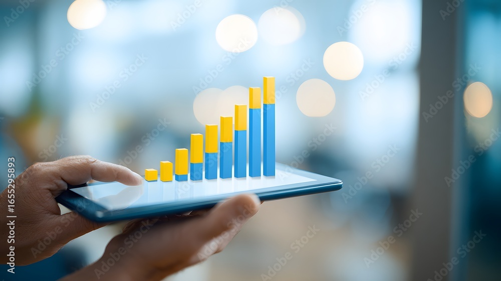 Poster hands hold a tablet displaying a vibrant bar graph, showcasing growth and progress with blue and yel