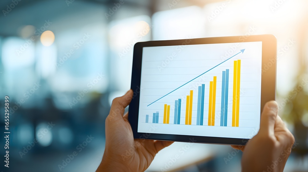 Poster analyzing upward trending charts on a tablet, representing growth and success in a modern workplace 