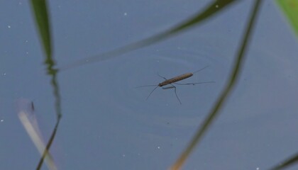 A small, dark-colored insect floats calmly on the water's surface, with reflections of aquatic vegetation visible around it.