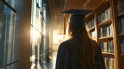 Graduate in cap and gown walking through university library at sunset, symbolizing achievement and future potential.