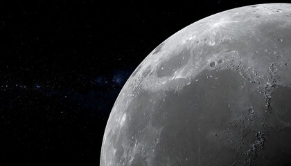 A close-up view of the moon's surface, showcasing its craters and texture against a deep space backdrop.