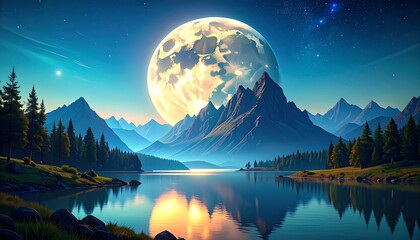 Majestic mountain lake at dawn, large moon