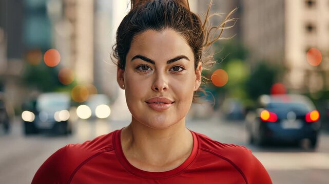 Empowered Stride: A confident woman exudes resilience and determination as she pauses amidst the bustling city landscape.