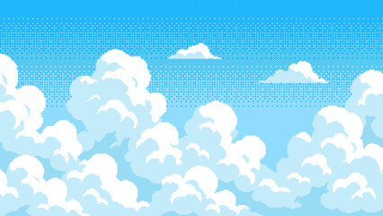 Obraz na płótnie Canvas Pixel art blue sky background with white clouds. Digital cartoon landscape for game design asset or ui element.