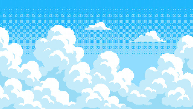 Pixel art blue sky background with white clouds. Digital cartoon landscape for game design asset or ui element.