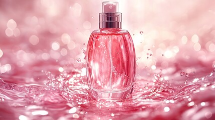 Fragrance Mist In a Luxury Feminine Setup With Soft Pastel Splash and Rose Water Texture Glowing Around a Cosmetic Item In Clean Smooth Studio Lighting for Photo Commercial Advertising