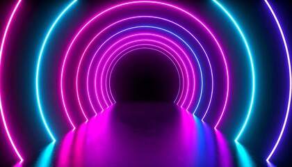 A vibrant neon tunnel with concentric circles of bright cyan, magenta, and violet lights creates a captivating and futuristic effect.