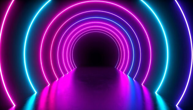 A vibrant neon tunnel with concentric circles of bright cyan, magenta, and violet lights creates a captivating and futuristic effect. - Powered by Adobe
