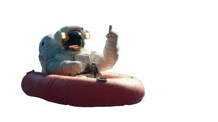 Astronaut in a space suit, seated in a red inflatable ring, in space