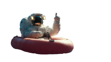 Astronaut in a space suit, seated in a red inflatable ring, in space