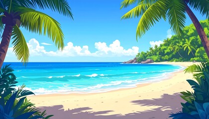 Obraz premium A vibrant tropical beach scene, framed by lush palm trees and dense foliage, depicts a tranquil paradise with a clear turquoise ocean and soft white sand.