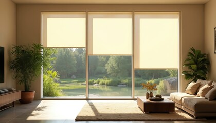 Fototapeta premium Modern living room with automated blinds, abundant natural light. Features vibrant decor, comfortable sofa, indoor plants framing serene waterside view. Minimalist furniture, smart home technology