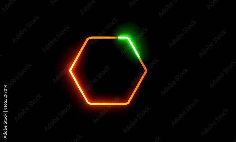 Poster dynamic neon hexagon animation with glowing red and green gradient light tracing a geometric shape.