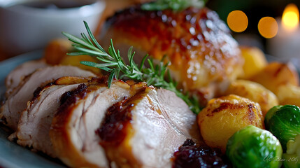 Sliced Roasted Turkey with Gravy, Brussels Sprouts and Potatoes on a Festive Table