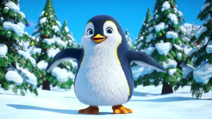 A cheerful cartoon penguin stands with outstretched wings in a snowy winter wonderland setting. - Powered by Adobe