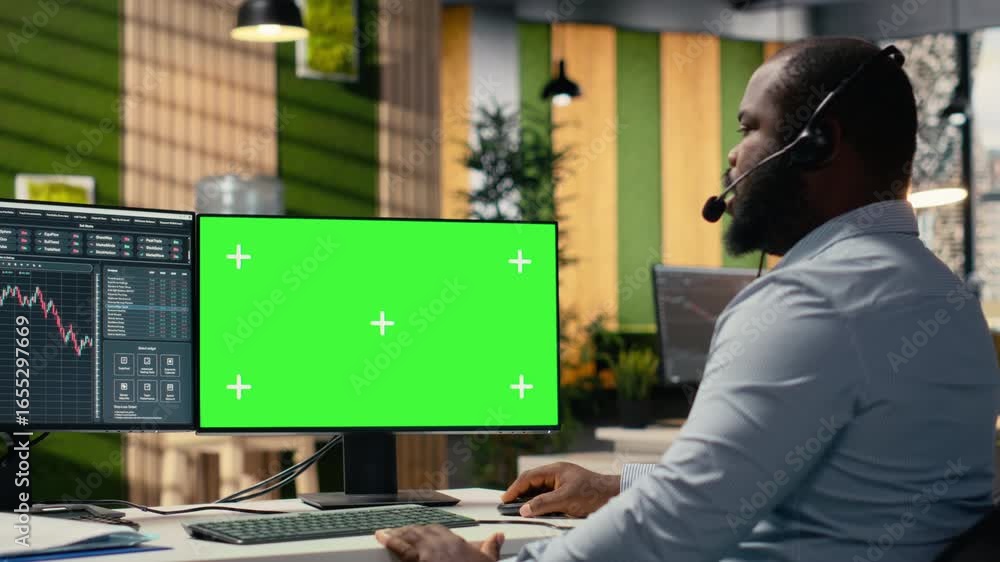 Poster investment consultant talking in headset mic, using green screen pc, reviewing client portfolio. tra
