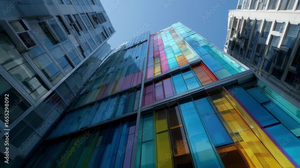 Poster Low angle view of a vibrant, multicolored building exterior featuring an array of glass panels reflecting sunlight, creating a striking visual effect in an urban setting
