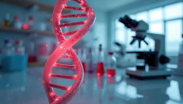 Glowing red DNA double helix in laboratory setting with microscope and test tubes. Symbolizes cancer risk, genetic research, and health awareness. Science, biology, and medical discovery theme.