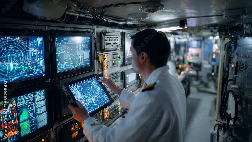 Poster An engineer monitoring a sophisticated server room on a ship with racks of network equipment and blinking LEDs while analyzing a touchscreen interface that shows data flow rates and