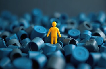 Fototapeta premium Yellow figure stands out among blue plastic pieces in close-up, macro shot. Conveys themes of individuality, uniqueness, leadership against conformity. Sharp focus on single object highlights