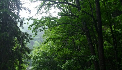 Lush forest scene during a light rain shower, showcasing the deep green foliage and rain-streaked branches.