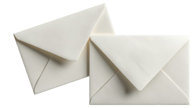Two Off-White Textured Envelopes Pointy Flaps Slightly Overlapping.