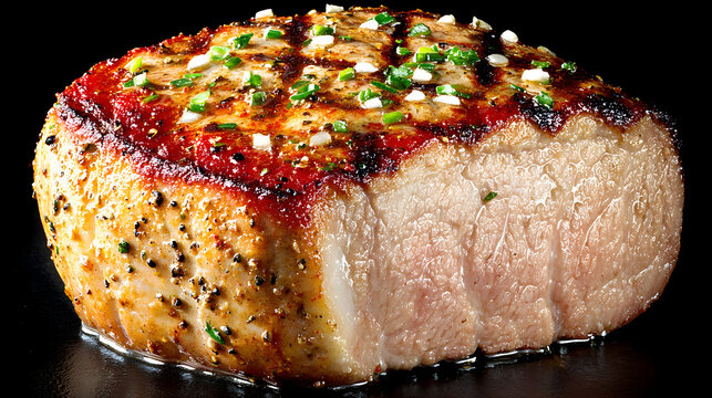 Perfectly seared thick pork chop, seasoned with pepper and fresh chives, presented on a dark background.