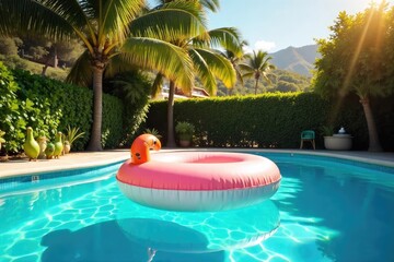 Obraz premium A vibrant summer scene featuring a capsule-shaped pool float in a sunny, clear blue pool, surrounded by lush greenery , joy, sunshine