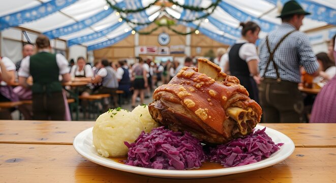 "Cl&aacute;sico plato alem&aacute;n Schweinshaxe con salsa, chucrut y papa"