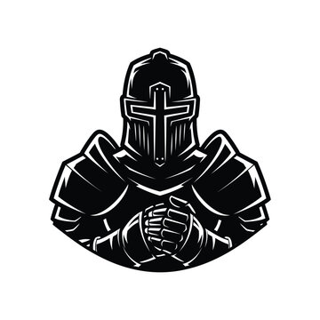 Vector illustration of a medieval crusader knight in full armor. A templar warrior with a cross on his helmet as a symbol of faith.