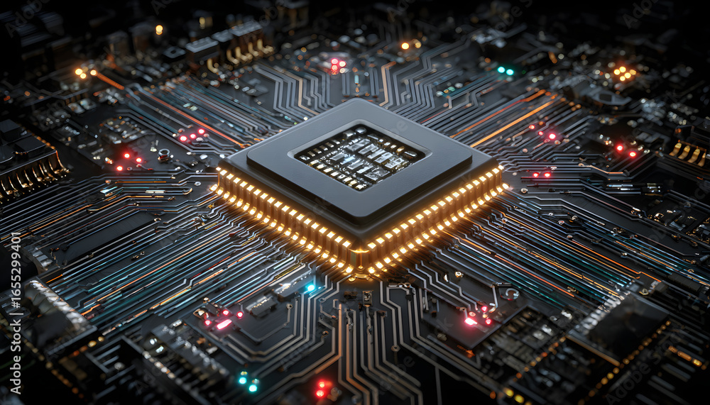 Aufkleber futuristic microchip technology with colorful glowing circuit board design. central processor compon