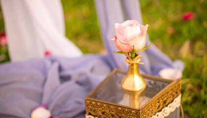 A delicate pink rose sits in a small, gold vase on a decorative, ornate box, surrounded by soft, muted colors and natural outdoor light.