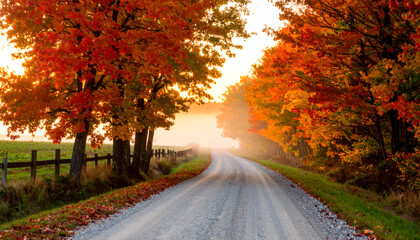 Naklejka premium Autumn Country Road with Colorful Trees and Morning Fog