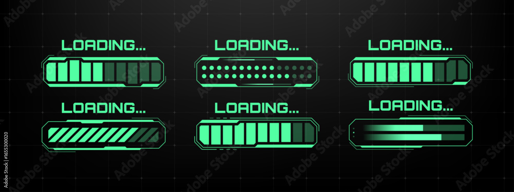 Poster set of six green hud loading bar indicators with progress status. interface element for game, cyber,