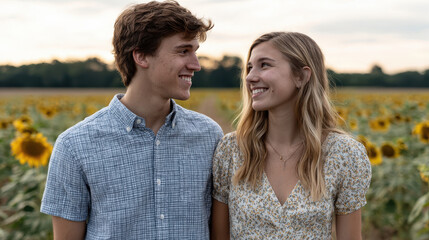 loving couple smiles at each other against backdrop of golden fields