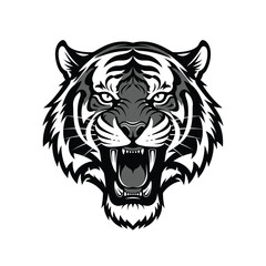 Fototapeta premium A stylized, black and white graphic of a tiger's head, roaring.