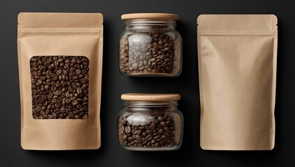 Two kraft paper pouches and two glass jars filled with dark roasted coffee beans, arranged on a black background
